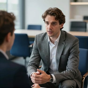 A portrait of a professional European consultant in a modern grey suit, discussing with a client in a bright office with dark blue furniture.