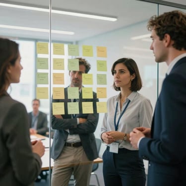 A group of professionals in a bright, modern French conference room, brainstorming with sticky notes on a glass wall during a session.