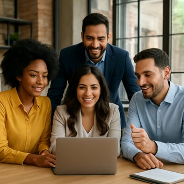 A group of diverse professionals collaborating in a modern Colombian office setting, looking empowered and successful.