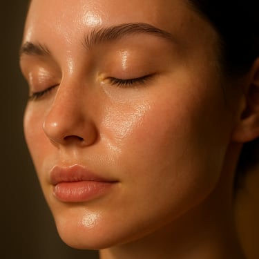 Detail of a glowing face after a skincare routine, emphasizing health and beauty, soft focus photography.