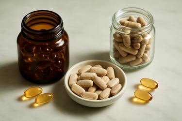 Close-up of premium Korean health supplements on a clean marble surface with soft honeydew accents.