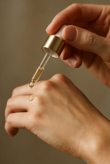 A close-up shot of a person's hand applying a luxurious serum, soft natural light, professional aesthetic.