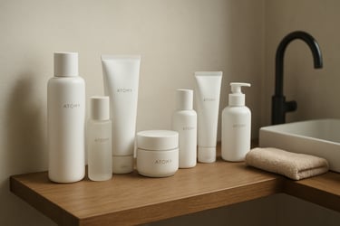 An elegant display of Atomy skincare products on a wooden shelf in a minimalist bathroom environment.