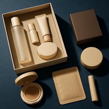 A premium gift set of Korean cosmetics arranged beautifully on a dark navy blue surface with light blue shadows.