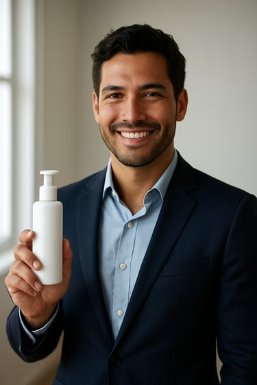 A professional South American entrepreneur in a bright room holding a sleek white skincare product, smiling with confidence, high-quality lighting.
