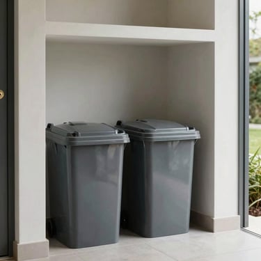 A clean, modern residential side-of-house storage area where trash bins are kept neatly out of sight, demonstrating premium organization.