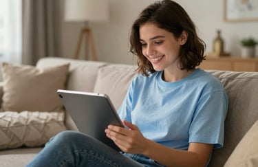 A candid shot of a happy user interacting with a tablet in a modern North American / US living room. The lighting is warm and inviting, highlighting a user-centric design approach and the brand's sky blue color palette.