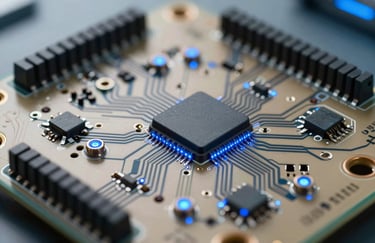 A high-end, professional macro shot of circuit board details and glowing blue lights, symbolizing modern innovation. The lighting uses soft off-white and sky blue tones, captured in a North American / US tech lab environment.