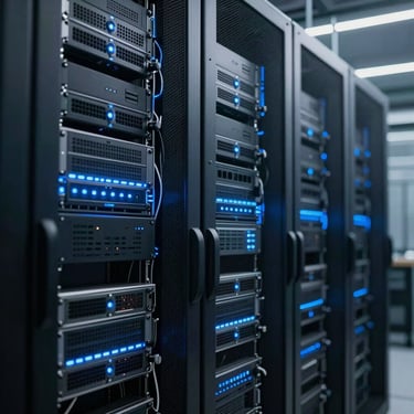 A modern, high-tech server room environment with sleek hardware and glowing blue light, representing high-standard IT staffing and infrastructure solutions.