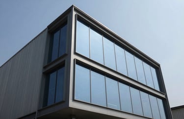 A sleek, low-angle shot of an industrial exterior in India, showcasing modern architecture and large glass windows reflecting a Slate Blue sky. The environment is professional and clean.