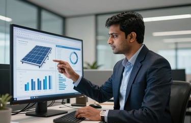 A professional engineer in a modern South Asian / Indian corporate office, dressed in business attire, reviewing renewable energy charts on a screen. High-end, professional lighting.