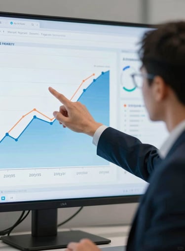 A focused financial consultant pointing at a detailed economic growth chart on a screen, shot in a professional documentary style.