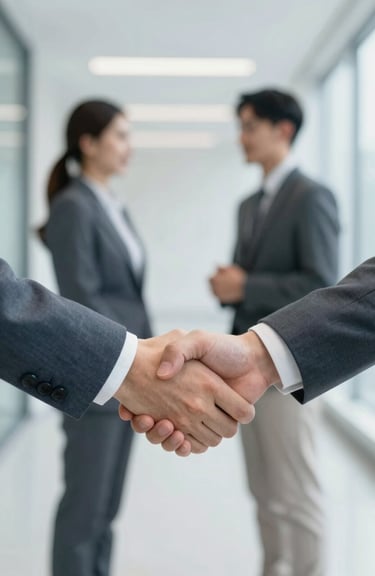A close-up of two professionals shaking hands in a bright, modern corporate hallway, symbolizing a successful bank partnership, with a palette of #4F6F8F and #F5F8FA.