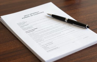 A stack of official loan approval documents on a polished dark wood desk, with a high-end pen resting on top, emphasizing 12 years of process expertise.