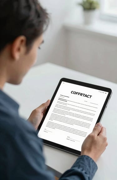 A client smiling while reviewing a digital contract on a tablet, showcasing the ease of the consultation process in a clean, professional environment.