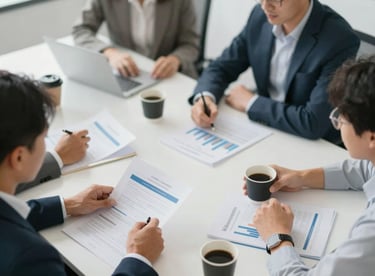 An overhead shot of a collaborative meeting between consultants, with coffee and financial reports on a table, highlighting teamwork and reliability.