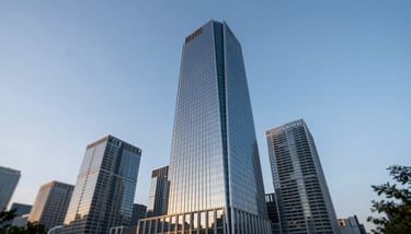 Architectural shot of a modern glass bank headquarters reflecting the sky, conveying confidence and stability in the financial sector.
