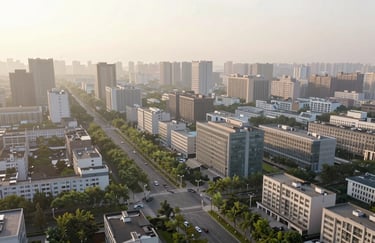 A panoramic, high-angle view of a serene and orderly city district at sunrise. The composition shows clean streets and green boulevards, emphasizing urban planning and well-being. Shades of #A3B18A and #F2F4F3 dominate the image, suggesting a vision of progress.
