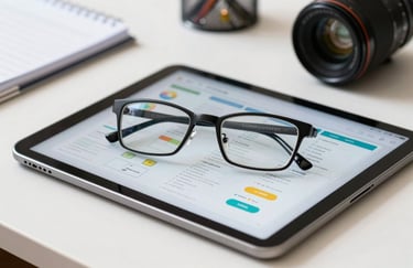 A pair of glasses resting on a digital tablet displaying educational charts, clean white desk, South American workspace, bright lighting.