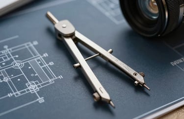 Close-up macro photography of technical architectural blueprints on a table. A silver metal compass rests on the paper. Sharp lighting emphasizing professional detail. Palette of dark blue grey.