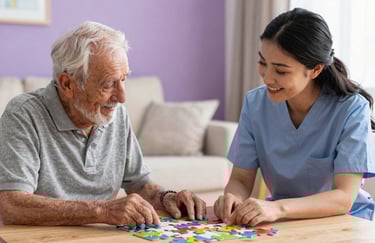 A smiling caregiver assisting a senior with a puzzle in a brightly lit North American / US home environment, warm purple tones in the background.