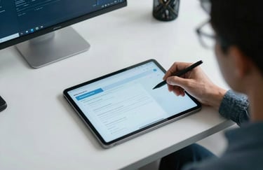 A top-down view of a professional developer's workspace with a tablet and a stylus in a bright North American office. Crisp, sharp lighting emphasizing precision and efficiency. The colors are predominantly light blue and white.