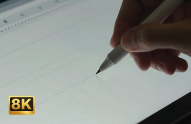 A close-up of a digital stylus being used on a high-resolution screen, showing precise lines in a Pale Cloud Grey workspace.