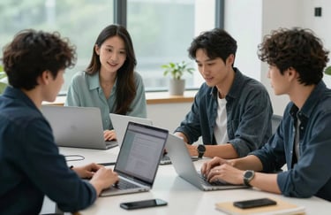 A collaborative team of diverse software developers working together in a bright office space with Dusty Aqua and Dark Navy accents.