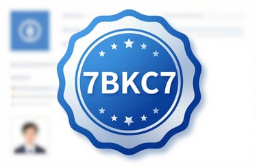 An official digital certification seal with holographic effects in professional blue tones (#7B9EC7), symbolizing trust and official licensing.