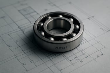 A technical studio shot of a model 6201 ball bearing resting on a technical blue print. Sharp focus on the smooth metallic texture and engraved model numbers. Professional lighting.