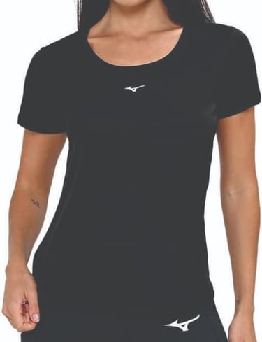 Camiseta feminina Mizuno Run Spark 2 preta para corrida.