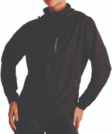 Jaqueta corta-vento feminina Lupo Sport preta com capuz para treino.
