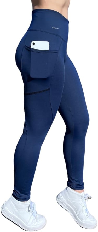 Calça legging feminina ElementFit azul marinho com bolso lateral.