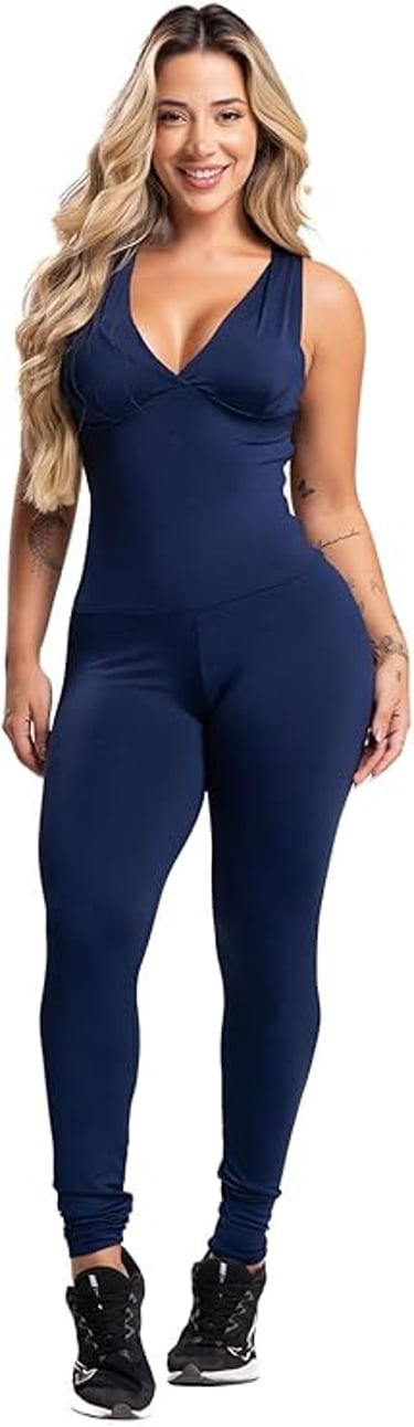 Macacão longo MVB Modas azul marinho com bojo e decote V.