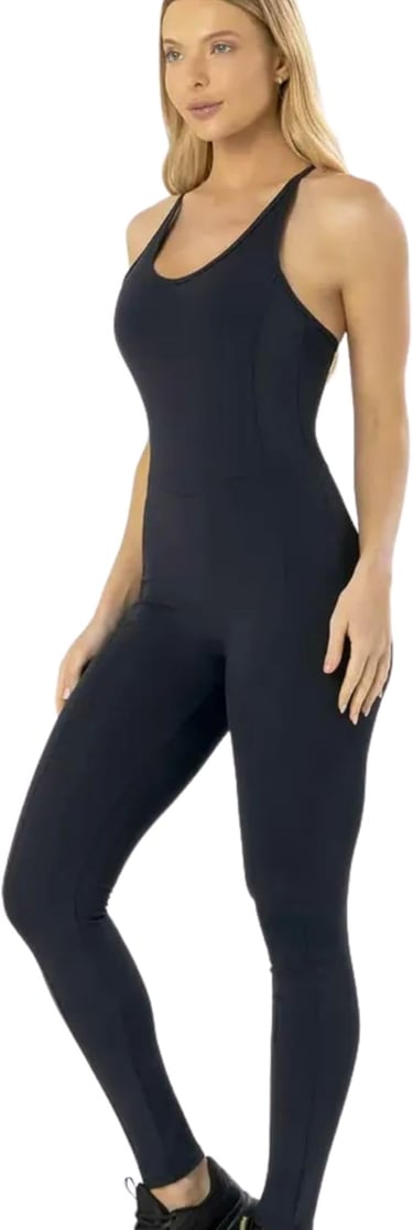 Macacão fitness longo Selene preto com alças cruzadas nas costas.