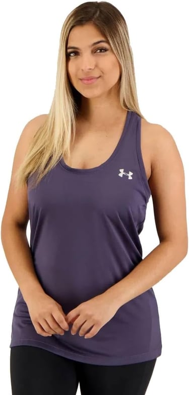 Regata feminina Under Armour roxa com secagem rápida.