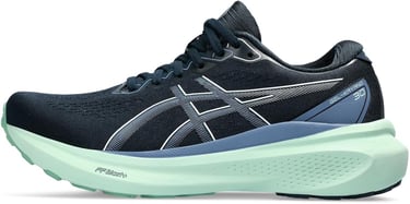 Tênis ASICS Gel-Kayano 30 azul marinho com solado verde água focado em estabilidade.