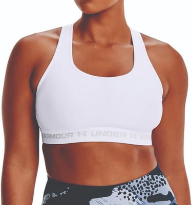 Top feminino Under Armour Crossback branco para médio impacto e conforto.