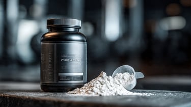 Suplemento de Creatina Monohidratada em pó pura com scoop em ambiente de academia