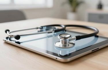 A close-up photograph of a stethoscope resting on a digital medical tablet on a light wood surface in a modern US home setting. Bright and clean atmosphere.