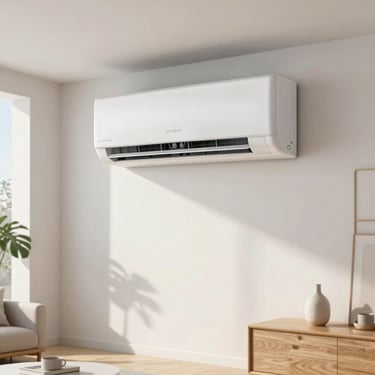 A modern, energy-efficient air conditioning unit installed high on a white wall in a sunlit living room with minimalist European furniture and light wood accents.