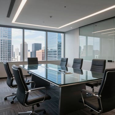A wide shot of an empty, high-tech boardroom in a North American city. High-end ergonomic furniture and a large glass table reflecting blue skies.