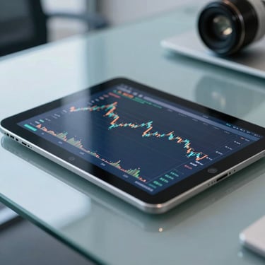 A macro photograph of a sleek, professional digital tablet showing financial indicators, resting on a clean glass surface in a modern North American office with blue lighting.