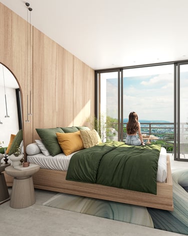 Projeto de quarto contemporâneo com visualização arquitetônica em 3D.