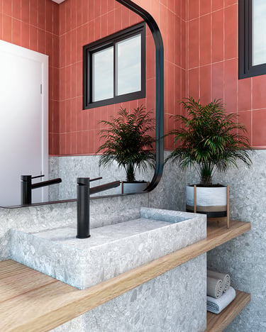 Projeto de banheiro moderno com renderização 3D para interiores.