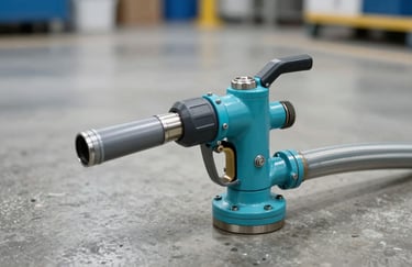 A detail shot of a professional-grade pressure nozzle and coiled hose on a clean industrial concrete floor in a North American / US facility. Colors: oceanic cyan and arctic mist.