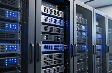 A high-tech server room with glowing blue lights and silver metallic finishes. The composition is professional and clean, highlighting reliability and modern North American / US infrastructure.