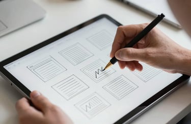 A close-up of hands sketching a UI/UX wireframe on a light grey tablet in a professional North American / US creative studio. The lighting is bright and clean.