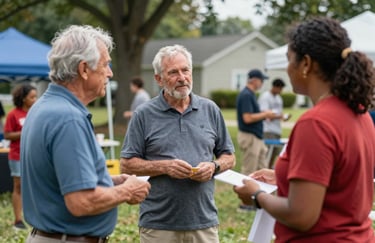 A candid photograph of neighbors talking and helping each other during a community event in Ohio, North American setting, natural lighting, trustworthy atmosphere.
