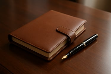 A detailed shot of a premium, leather-bound business planner and a fountain pen on a polished desk. North American office setting.